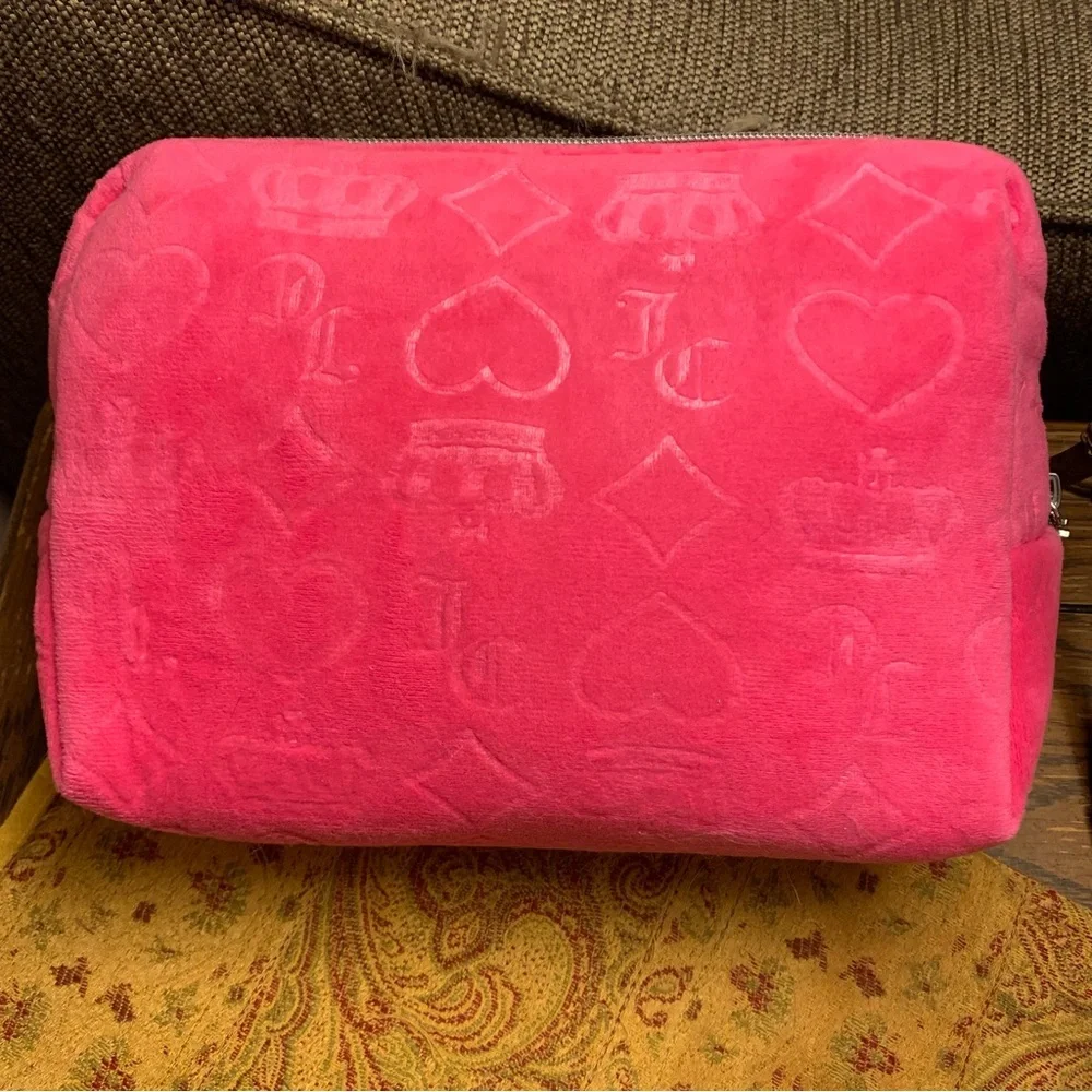 Juicy Couture Hot Pink Plush Cosmetic Case with Silver Monogram New With Tags